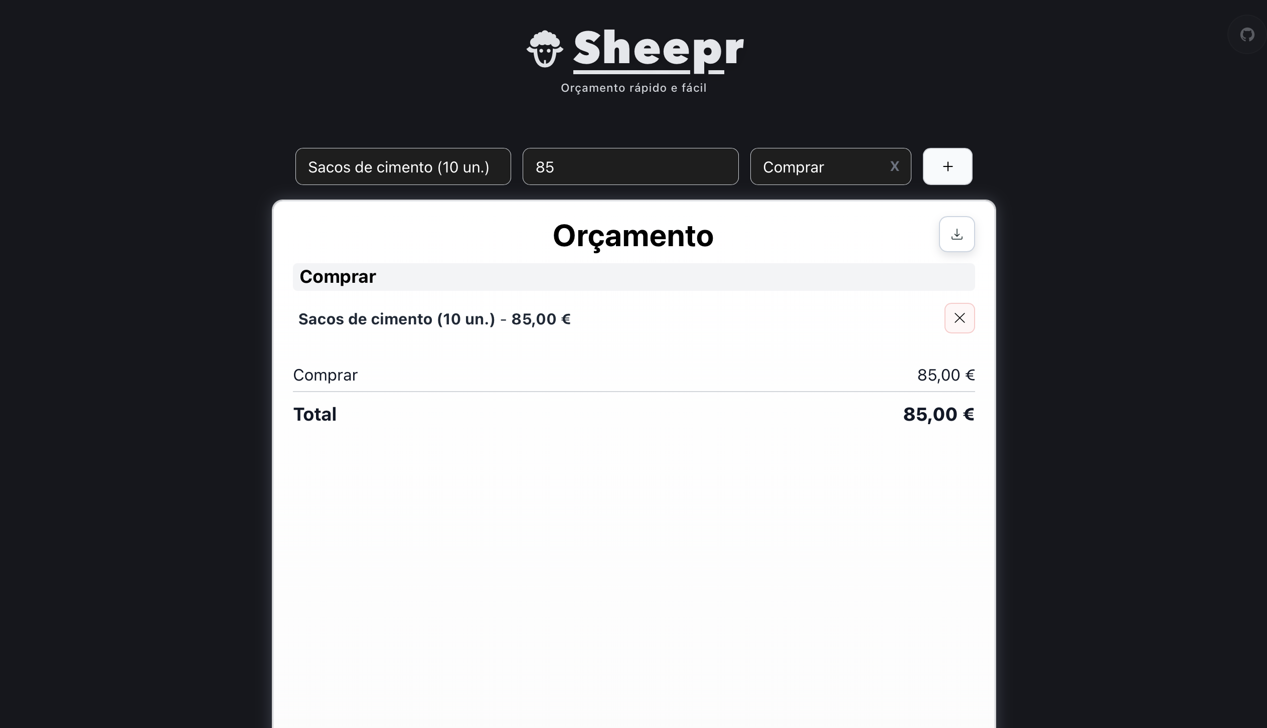 Item adicionado ao orçamento com o valor total